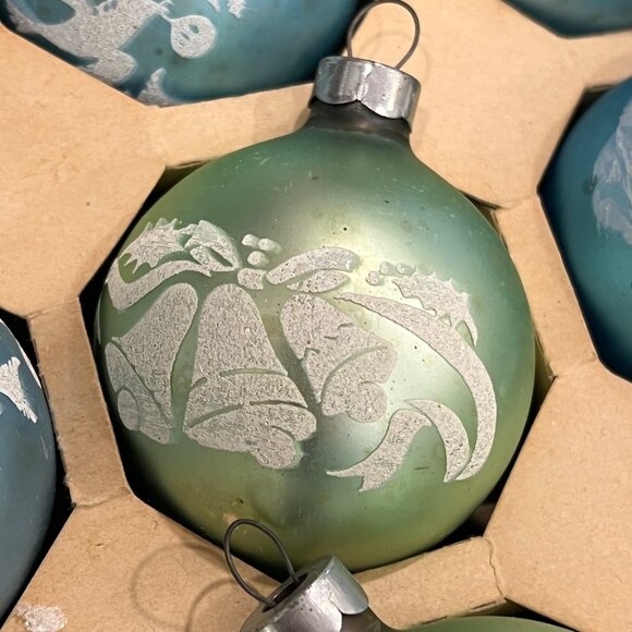 Vintage Green & Blue Christmas Glass Ornaments 9 With Dove & Bell Designs - Picture 4 of 5